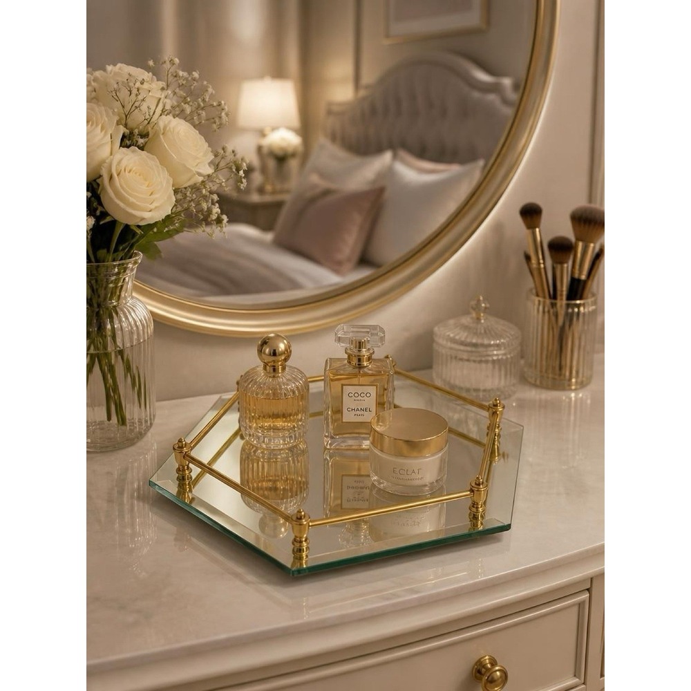 Hexagon Beveled Mirrored Vanity Tray Brass Tone Rail VTG Hollywood Regency 12" - Picture 2 of 7